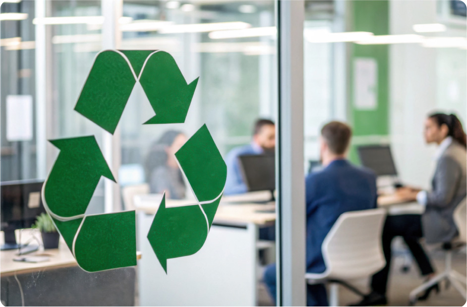 about-side Workers in an office with a renewable energy symbol on the window