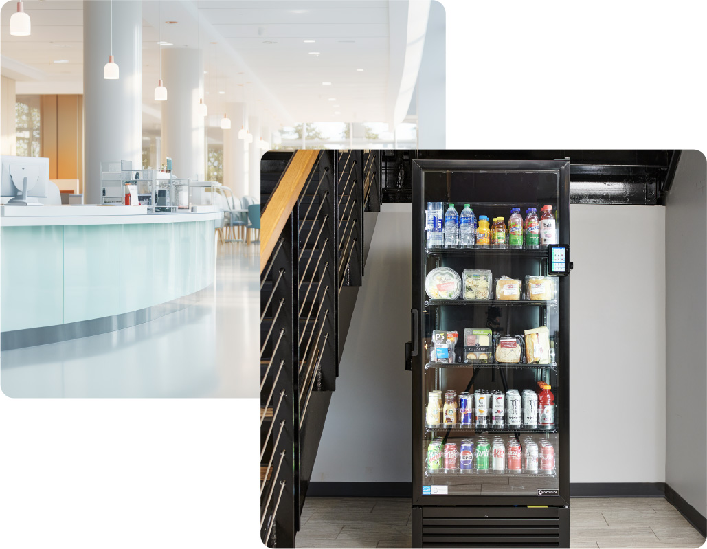 hospitals5 One image of a hospital reception area and an image of a vending machine in a stairwell