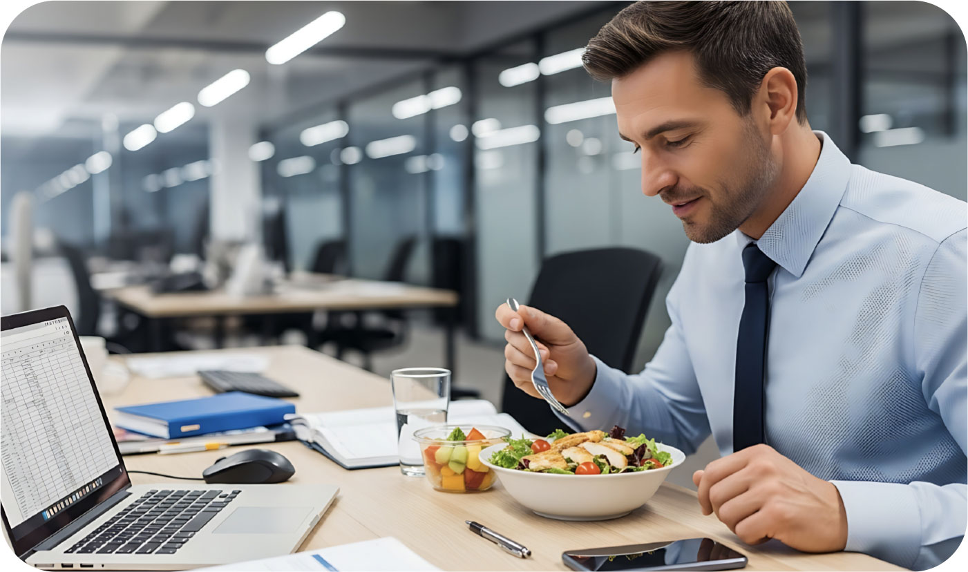 markets-side2 Man eating salad in an open office