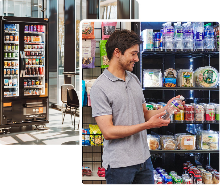offices-side An image of a vending machine next to an image of a man choosing a drink from a vending machine