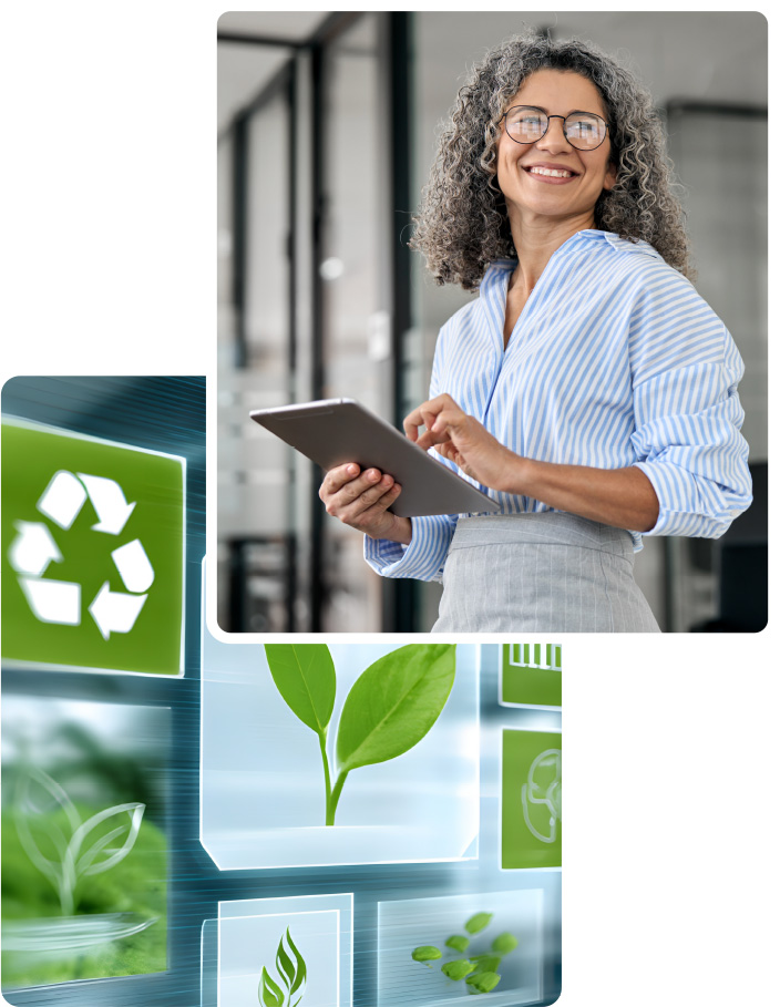 service-green Woman on an Ipad and an image of green renewal symbols